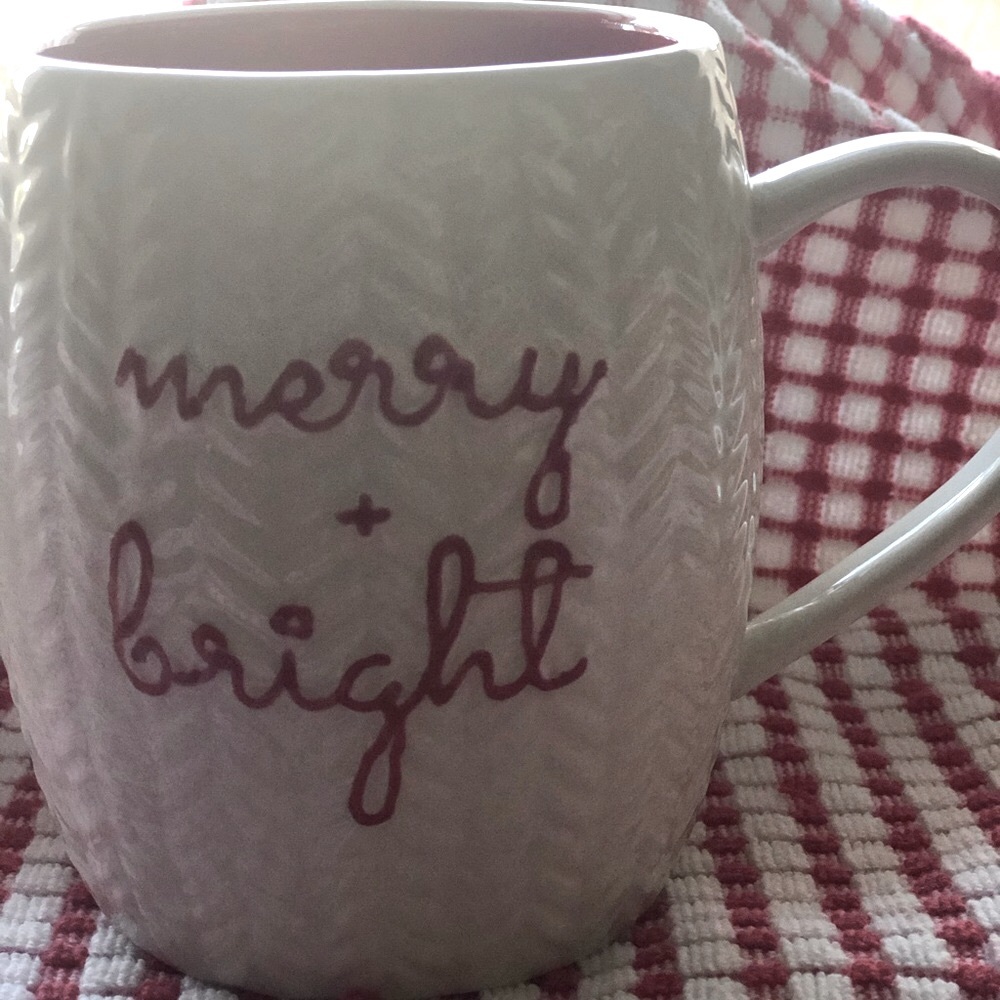 Holiday Mug “merry & bright” White w/red lettering 16oz Sweater theme